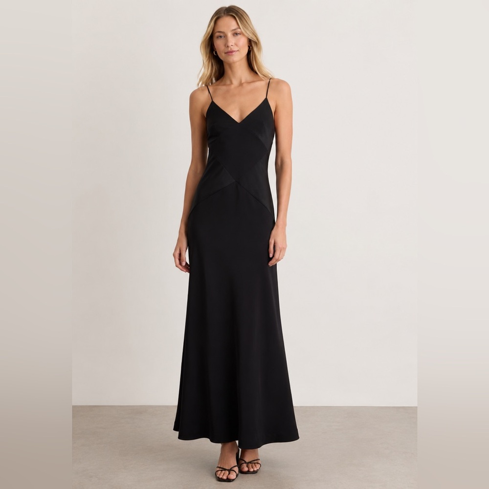 Veronica Beard Francis Black Crepe & Satin V-Neck Maxi Slip Dress | Size 4